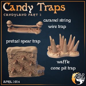 May include: An image showcasing three candy-themed traps: a caramel string wire trap, a pretzel spear trap, and a waffle cone pit trap. The text "Candy Traps" and "Candyland Part 2" are displayed at the top. The date "April 2024" is at the bottom.