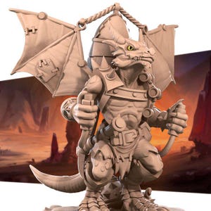 May include: A detailed, hand-painted miniature of a dragon wearing armor and carrying a backpack. The dragon has wings, a long tail, and a fierce expression. The miniature is made of a light brown material and is painted in a realistic style.