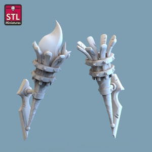 May include: Two white 3D printed wall sconces with a torch design. Each sconce has a metal band around the torch and a decorative bracket.