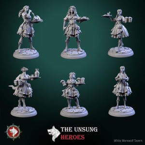 Puede incluir: Seis figuras en miniatura sin pintar de camareras de taberna, cada una sobre una base circular. Sostienen bandejas con comida y bebidas, vestidas con delantales y vestidos. El texto "THE UNSUNG HEROES" es visible. Figuras para un juego de mesa.