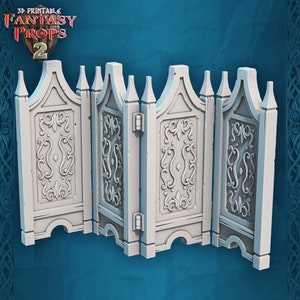 May include: A white folding screen with intricate designs. The screen is made of four panels that are hinged together. Each panel has a different design, but all of the designs are similar. The screen is a great way to add a touch of elegance to any room.