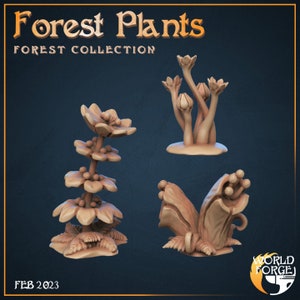 May include: Four miniature 3D printed forest plants, including a tall plant with three sets of flowers, a cluster of tall, thin plants with buds, and two plants with large, open leaves and small, round buds. The plants are painted in a light brown colour and are set against a blue background. The text "Forest Plants" and "Forest Collection" is at the top of the image. The text "FEB 2023" is at the bottom left of the image. The text "WORLD FORGE" is at the bottom right of the image.
