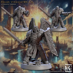 May include: A gray plastic miniature figure of a winged warrior holding a sword and shield. The figure is standing on a round base. The figure is part of a set of alternative versions.