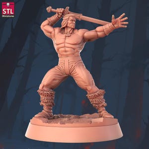 May include: A 3D-printed figurine of a muscular warrior, wielding a sword overhead. The figure is in a dynamic pose, with detailed textures on the clothing and boots. The base is a light peach color, and the background is a dark blue with a forest silhouette.