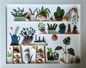 Sea Glass and Pebble Art - Garden or Greenhouse Decor - Unique Handmade Framed - Sea Glass Picture - Seashells