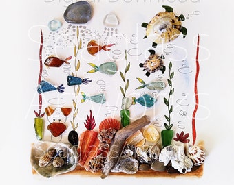 Art print, Digital art print of sea glass with underwater scene, fish tank illustrations
