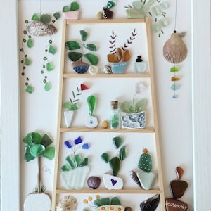 Sea Glass and Pebble Art Garden or Greenhouse Unique Handmade Framing Sea  Glass Picture Shell Art 