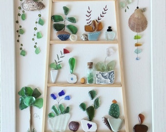 Sea Glass Art - Garden Decor - Sea Glass Plants - Pebble Art - Greenhouse - Unique Handmade Framed