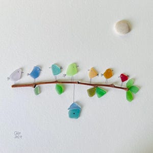 Rainbow birds on a branch - - Sea Glass Picture & Pebbles - Framed Unique Handmade - Seaglass art
