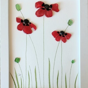 Poppies - Pebble Art & Sea Glass Picture - Framed Unique Handmade - Sea glass art