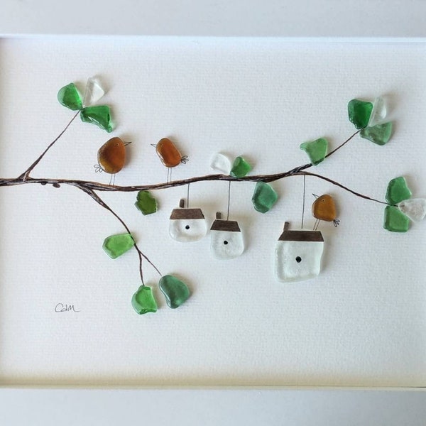 Sea Glass Birds on a Branch - Sea Glass and Pebble Art - Unique Handmade Framed - Sea Glass Picture - Birdhouses