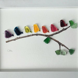 Rainbow birds on a branch - Sea Glass Picture & Pebbles - Framed Unique Handmade - Seaglass art
