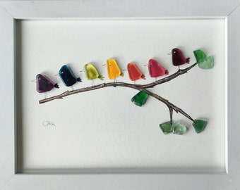 Rainbow birds on a branch - Sea Glass Picture & Pebbles - Framed Unique Handmade - Seaglass art