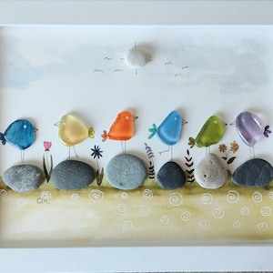 Colorful Birds on Rocks - Sea Glass and Pebble Art - Framed Unique Handmade - Sea Glass Art - Beach Glass
