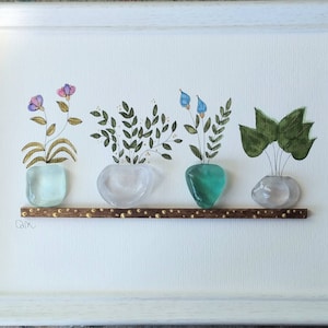 Sea Glass Flowers - Sea Glass and Pebble Art - Unique Handmade Framed - Beach Glass Art