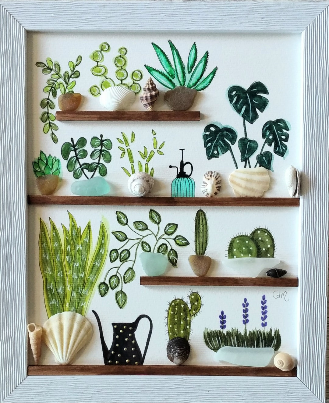 Sea Glass and Pebble Art Garden or Greenhouse Unique Handmade Framed