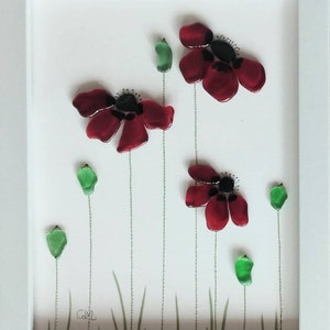 Poppies - Pebble Art & Sea Glass Picture - Framed Unique Handmade - Sea glass art