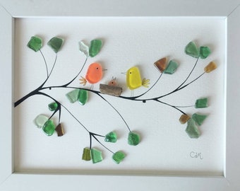 Colorful Bird Family - Sea Glass Art - Framed Unique Handmade - Pebble Picture - Bird Art