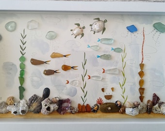 Sea glass art, Glass fish, Seabed, Sea glass Jellyfish, Beach glass art, Coast house, CdMediterraneo, Genuine sea glass art frame