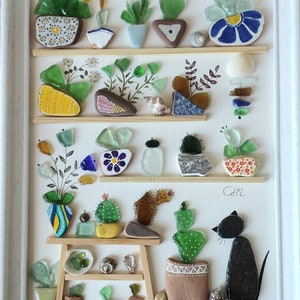 Sea Glass Art - Indoor Garden or Greenhouse -Sea Glass and Pebble Art - Unique Handmade Framed - Sea Glass