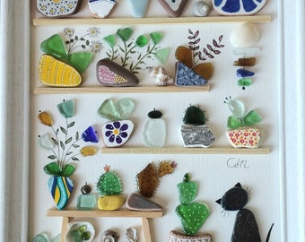 Sea Glass and Pebble Art Garden or Greenhouse Unique Handmade Framing Sea  Glass Picture Shell Art 