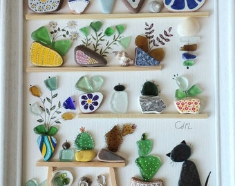 Sea Glass Art - Indoor Garden or Greenhouse - Sea Glass and Pebble Art - Unique Handmade Framed - Sea Glass