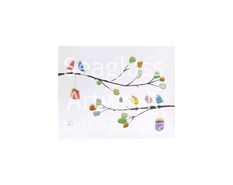 Digital download, art print, Birds with birdhouses on branches, Artwork copy with sea glass and pebbles