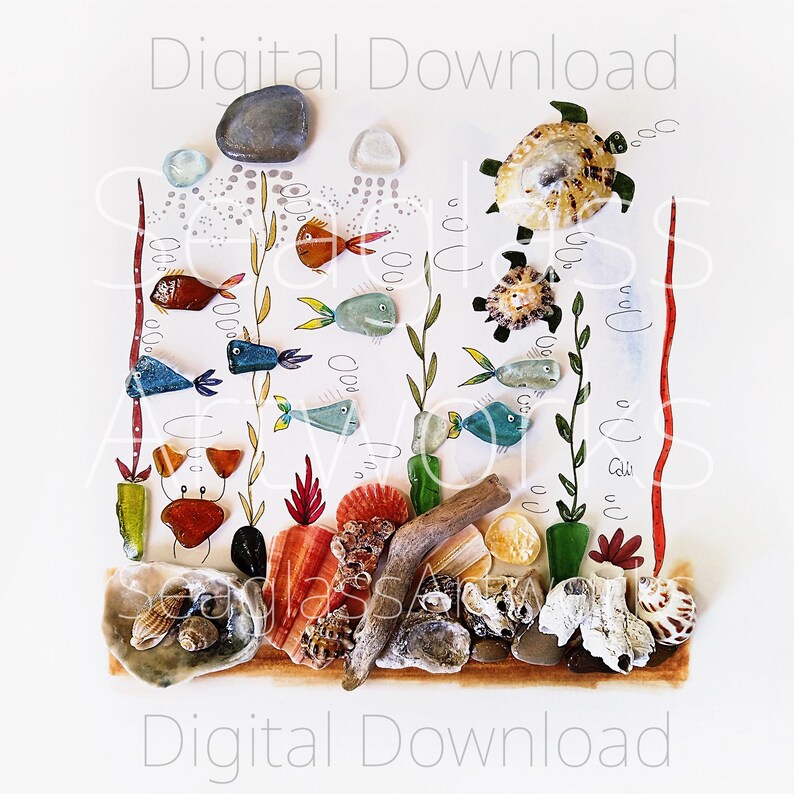 Art Print, Digital Print of Sea Glass Art With Underwater Scene, Fish