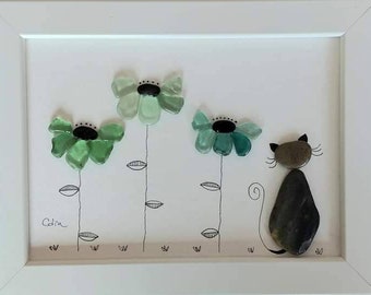 Cat with Sea Glass Flowers - Sea Glass and Pebble Art - Unique Handmade Framed - Beach Glass Art