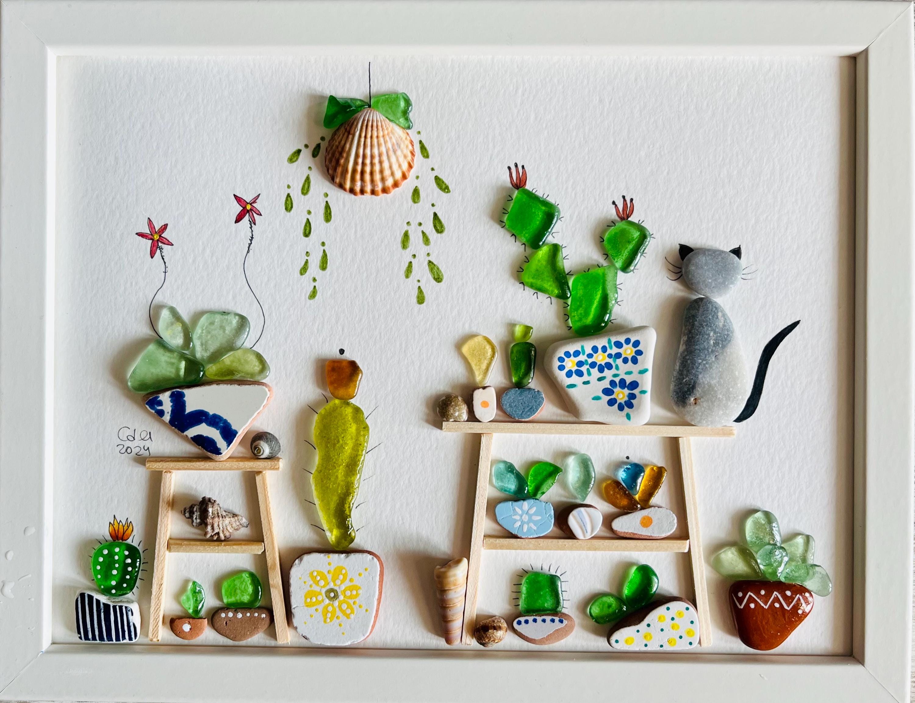 Sea Glass Art - Greenhouse Picture with Cat - Unique Handmade Framed - Pebble Art