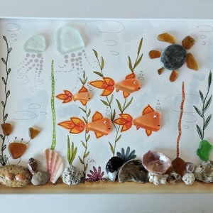 Sea Glass Art - Sea Glass Colorful Fish - Sea Glass and Pebble Painting - Unique Handmade Framed - Fish Tank