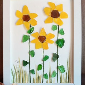 Sea glass sunflowers Pebble Art & Sea Glass Picture Framed Unique Handmade Sea glass art image 2