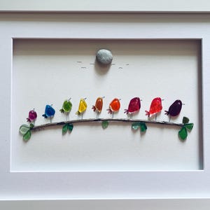 Rainbow birds on a branch - - Sea Glass Picture & Pebbles - Framed Unique Handmade - Seaglass art