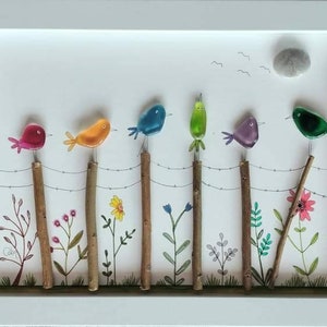 Colored birds on a fence - Sea glass art & Pebble - Framed Unique Handmade - Seaglass art - Beach glass
