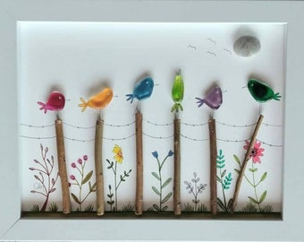 Colored birds on a fence - Sea glass art & Pebble - Framed Unique Handmade - Seaglass art - Beach glass