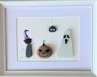 ハロウィン - シーグラスと小石の絵画 - ユニークな手作りの額縁