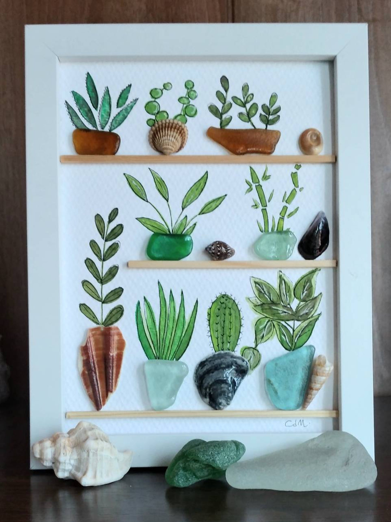 Sea Glass and Pebble Art Garden or Greenhouse Unique Handmade Framed