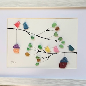 Birds on branch with birdhouses - Sea Glass Picture & Pebble art - Framed Unique Handmade - Seaglass art