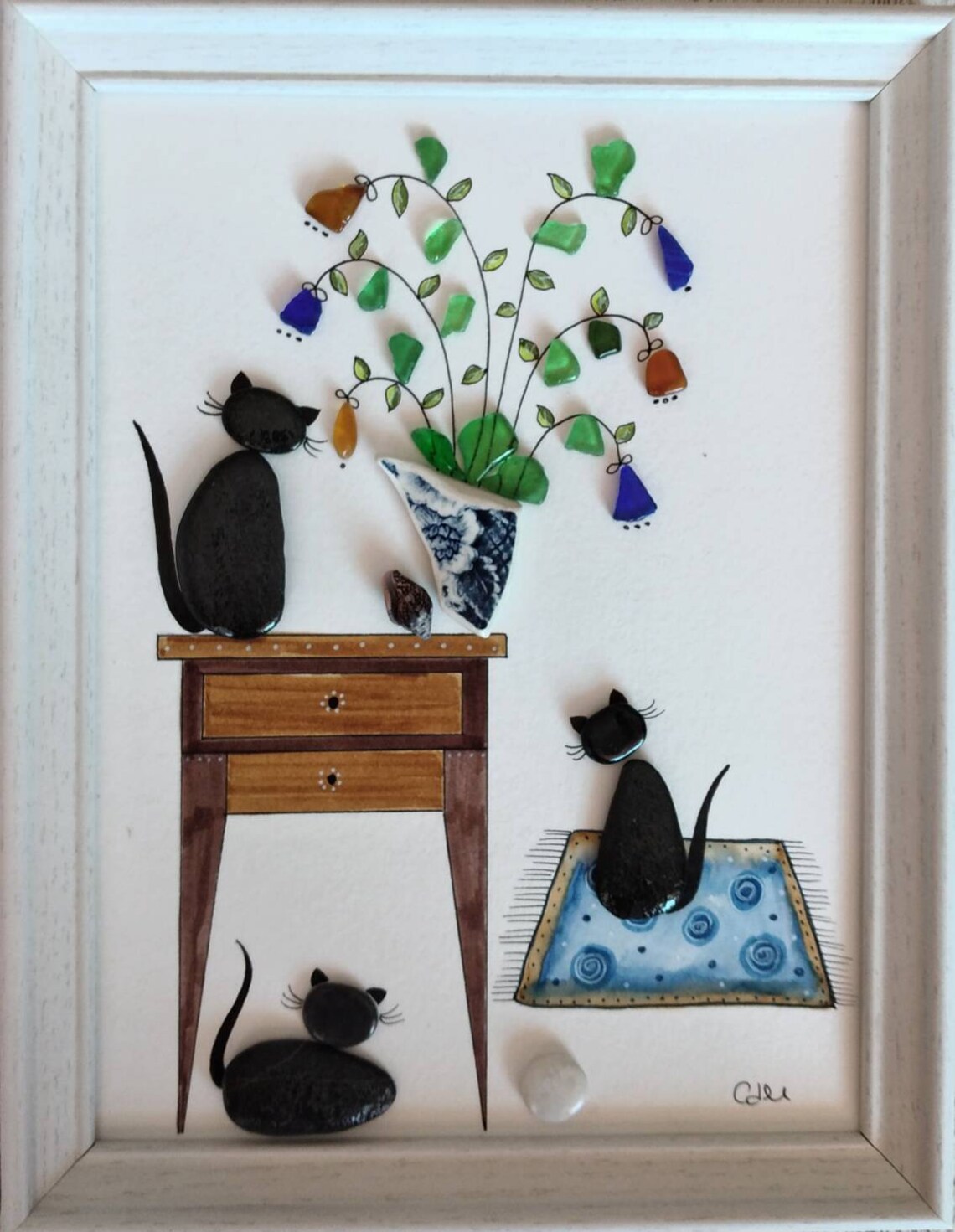 Pebble cat black Sea glass art Pebble art Sea glass flower Etsy