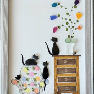 Sea Glass Art, Sea Glass Cat, Cactus, Pebble Art Cat