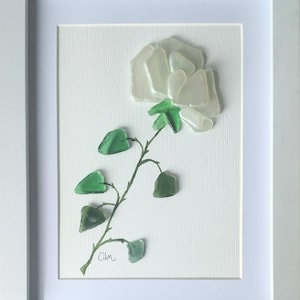 Unique framed pebble and sea glass art, with sea beach glass flower, Gift for her