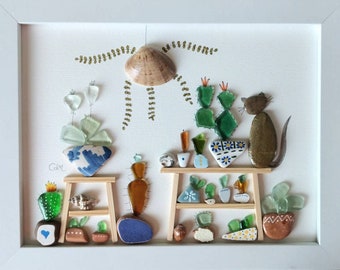 Zeeglaskunst - Kasfoto met kat - Unieke handgemaakte lijst - Kiezelkunst