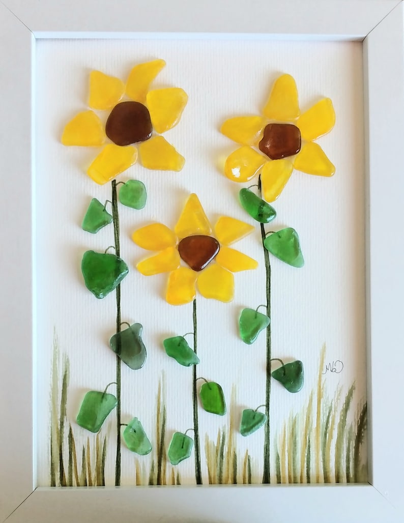 Sea glass sunflowers Pebble Art & Sea Glass Picture Framed Unique Handmade Sea glass art image 1