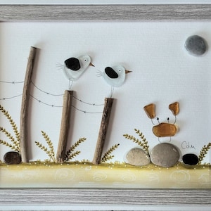 Seagulls and Crab - Sea Glass and Pebble Art - Framed Unique Handmade - Sea Glass Art - Beach Glass