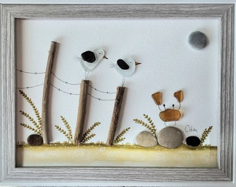 Seagulls and Crab - Sea Glass and Pebble Art - Framed Unique Handmade - Sea Glass Art - Beach Glass