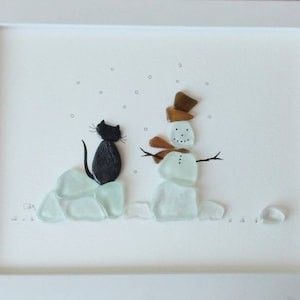 Seaglass Snowman - Pebble Art & Sea Glass Picture - Framed Unique Handmade - Sea glass art