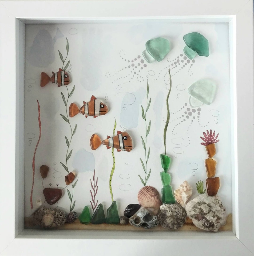 Sea Glass Art Sea Glass Clownfish Sea Glass and Pebble Painting Unique Handmade Framed Etsy