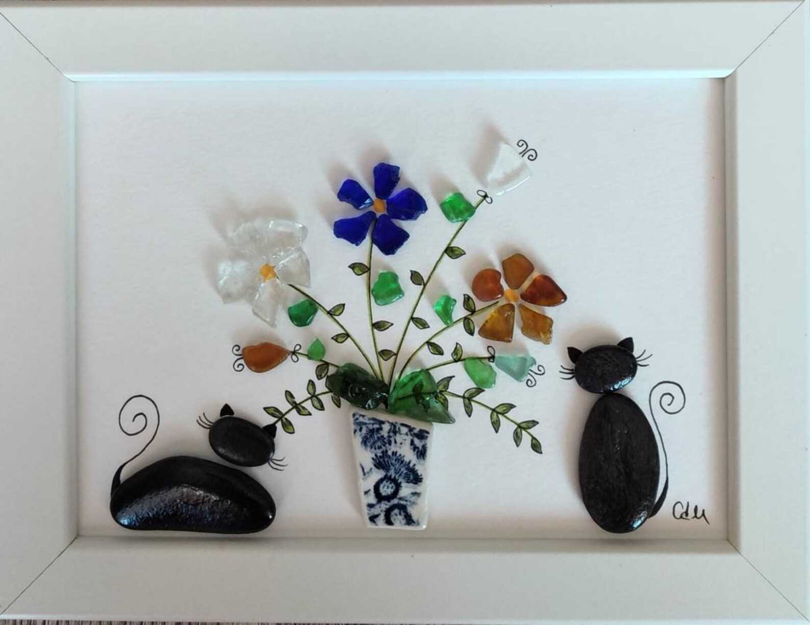 Sea glass art Black cat Pebble cat Sea glass picture Cat Etsy