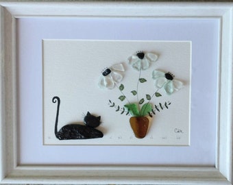 Black Cat and Sea Glass Flowers - Sea Glass and Pebble Art - Unique Handmade Framed - Sea Glass Picture