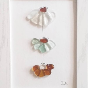 Sea Glass and Pebble Art - Sea Glass Flowers - Unique Handmade Framing - Sea Glass Art - Pebble Art
